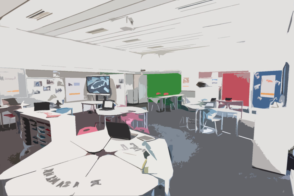 Blick in das DiLab-Klassenzimmer mit aufgebauten Lernstationen.