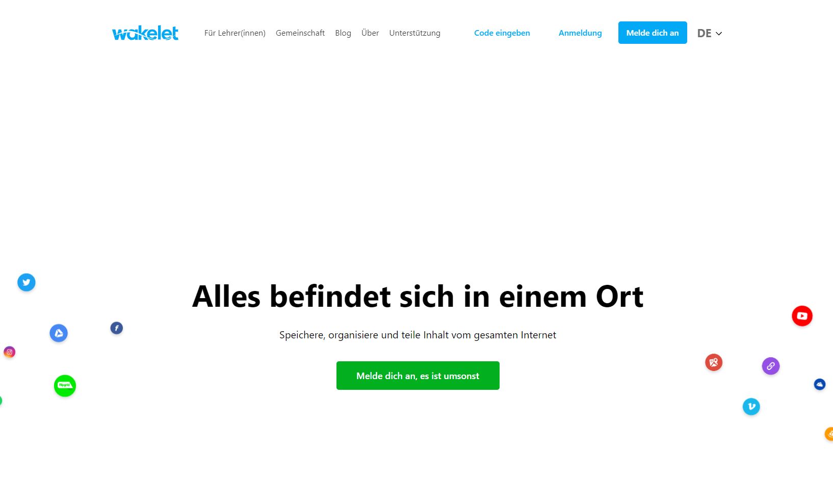 Screenshot der wakelet.com Homepage