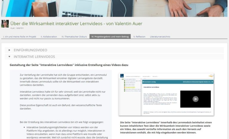 Webseite mit verschiedenen Reitern; der Reiter mit dem Titel Projektergebnis und mein Beitrag ist geöffnet und zeigt eine Text-Bild-Kombination