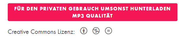 Screenshot des Anbieters Jamendo mit Nutzungshinweisen einer Audiodatei: "Für den privaten Gebrauch umsonst herunterladen MP3 Qualität". Ferner wird darunter in Form von Icons die Creatve commons Lizenz CC BY NC ND angezeigt. 