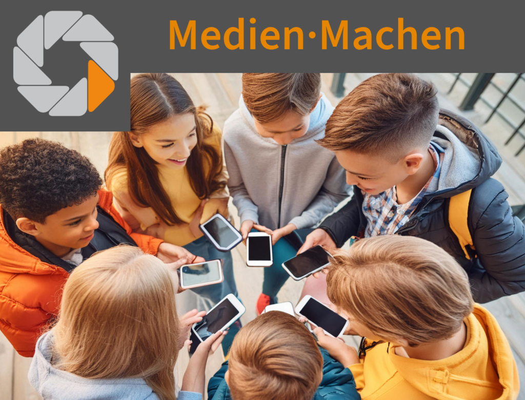 Mehrere Schülerinnen und Schüler stehen im Kreis und blicken jeweils auf ihr Smartphone.