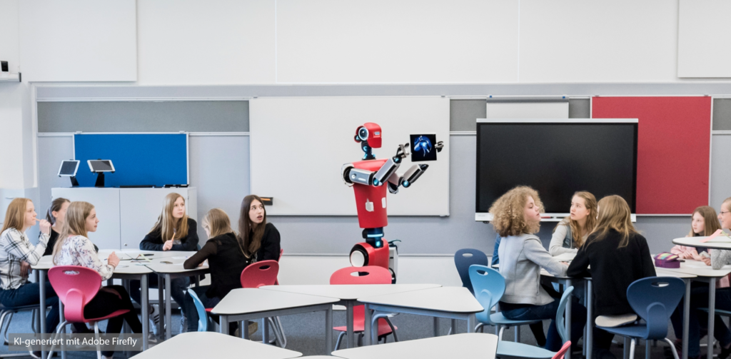 Im DiLab-Klassenzimmer ist eine Unterrichtssituation zu sehen. In der Mitte des Bildes steht ein roter humanoider Roboter, der ein Tablet zwischen seinen Armen hoch hält und den Inhalt offensichtlich den anwesend Schülerinnen und Schülern zeigt.