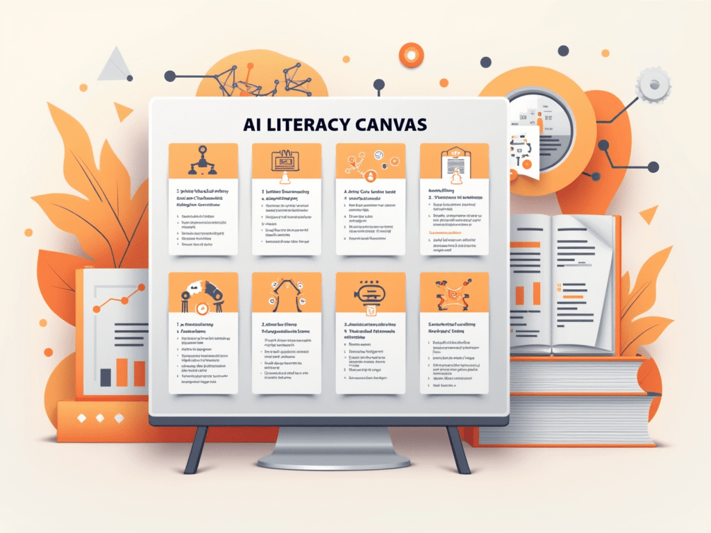 Here’s the alt text for the image you uploaded: **Alt Text**: An AI Literacy Canvas displayed on a computer monitor. The canvas has a structured layout with eight distinct blocks, each containing text and icons. The blocks are organized in two rows with four columns each, featuring a mix of headings, descriptions, and visuals such as graphs, gears, robotic arms, and people interacting with AI concepts. The surrounding environment includes stylized books, charts, leaves, and gears in an orange, white, and gray color palette, symbolizing learning, innovation, and AI.