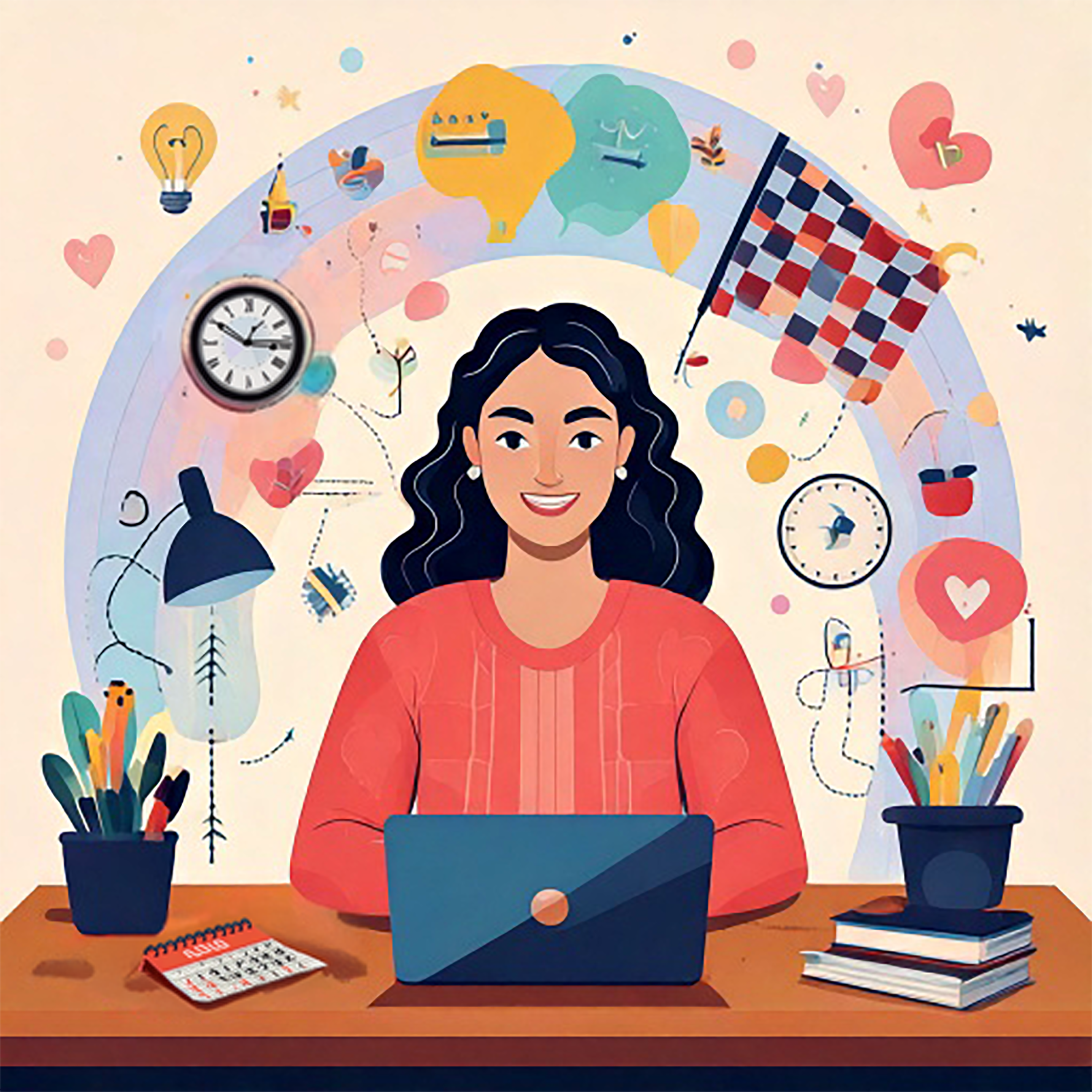 Eine moderne, inspirierende Illustration zum Thema selbstreguliertes Lernen: Eine junge Person sitzt an einem Schreibtisch, umgeben von Lernmaterialien, Notizbuch und Laptop. Über ihrem Kopf schweben Symbole für Zielsetzung (Zielflagge), Reflexion (Spiegel und Gedankenblasen), Zeitmanagement (Uhr und Kalender) und Motivation (Herz und Glühbirne). Im Hintergrund deuten sanfte Farben und abstrakte Formen auf einen kreativen, selbstbestimmten Lernprozess hin. Der Stil ist freundlich und motivierend.