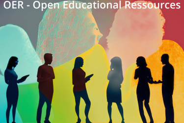 Silhouetten mehrerer Personen, die stehend mit digitalen Endgeräten hantieren und miteinander in Beziehung stehen. Bunter Hintergrund über den Shilouetten scheinen zwei Köpfe auf, die nur vage zu erkennen sind.